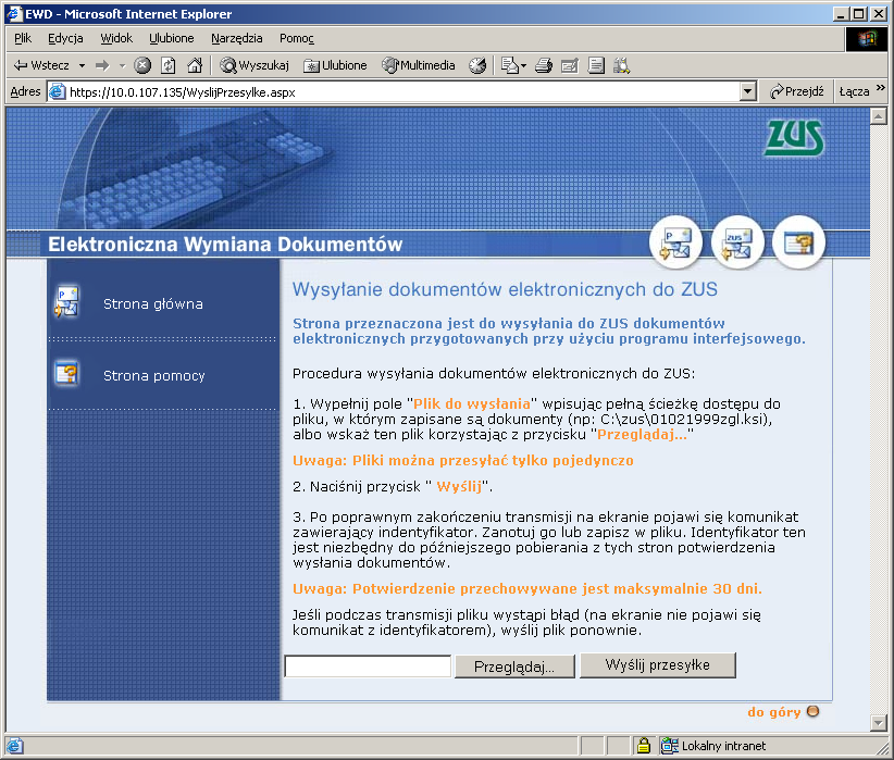 Rysunek 133. Strona umobliwiajdca wysyanie do ZUS 6. Po pomy lnym wysaniu wy wietlany jest identyfikator nadany przesyce.