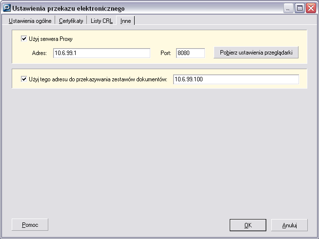 Rysunek 20. Okno Ustawienia przekazu elektronicznego zakadka Inne Aby ustawir parametry komunikacji: 1. W oknie Ustawienia przekazu elektronicznego przejdy na zakadk= Inne (patrz Rysunek 20). 2. Zaznacz, czy do komunikacji http wykorzystywany b=dzie serwer proxy i jebeli tak, zaznacz pole wyboru U;yj serwera Proxy i ustaw odpowiednie parametry (adres i numer portu).