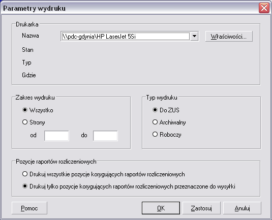 Drukarka okre la wa ciwo ci wybranej domy lnie drukarki, umobliwia zmian= wybranej drukarki i okre lenie jest wa ciwo ci. Klikni=cie przycisku Wa ciwo ci umobliwia zmian= ustawiec sterownika drukarki.