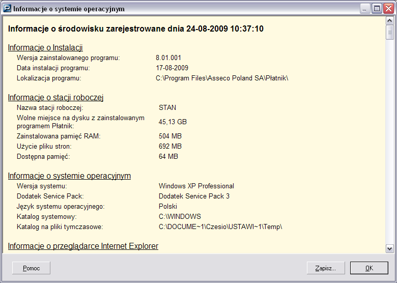 4.4 Stan systemu Funkcja pozwala na wy wietlenie informacji o rodowisku, w jakim pracuje program Patnik.