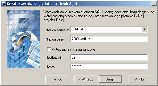 Rysunek 44. Okno kreatora archiwizacji patnika krok 1/3 5. W przypadku archiwizacji do innej bazy roboczej kreator ma cztery kroki.