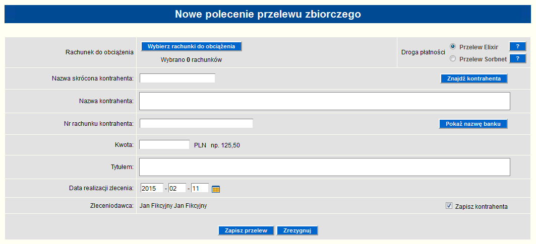 Rysunek 161 Usunięcie kontrahenta 8.6. Wykonanie przelewu zbiorczego W przypadku użytkownika Zarządcy posiadającego dostęp do umów kilku klientów korporacyjnych aplikacja def3000/ceb umożliwia wykonanie przelewu zbiorczego.