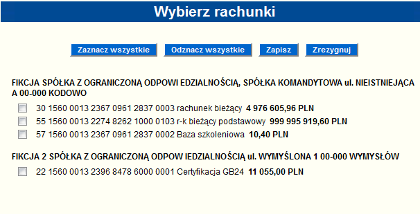 Rachunek do obciążenia (wymagany wybór co najmniej jednego rachunku) dla pola dostępny jest przycisk Wybierz rachunki do obciążenia.