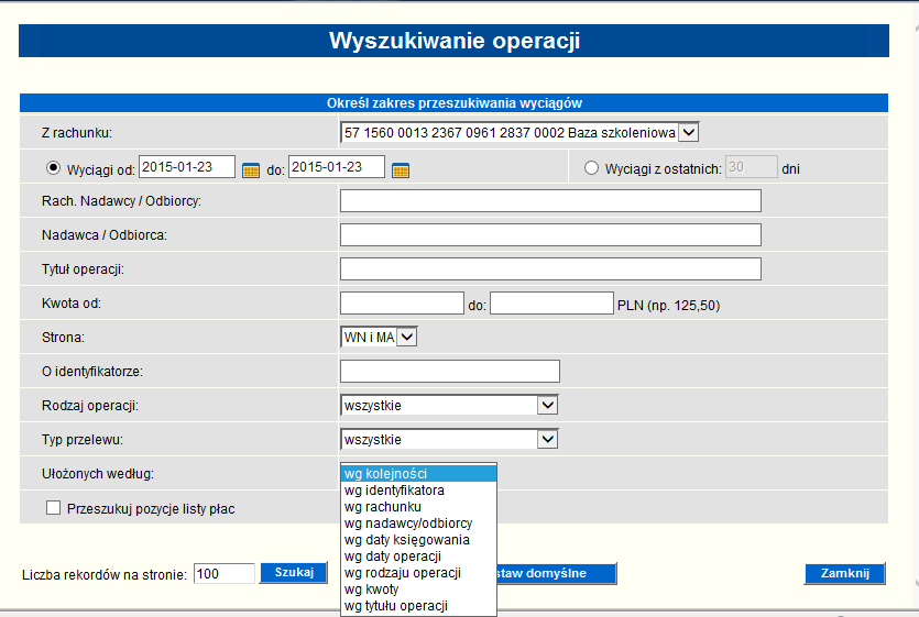 Rysunek 11 Prezentacja filtrów w polu Rodzaj operacji na formatce Wyszukiwanie operacji na wyciągach Rysunek 12