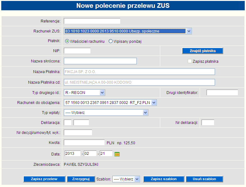 Rysunek 25 Formatka do przygotowywania nowego przelewu ZUS Aby wykonać przelew do ZUS należy wypełnić wszystkie wymagane pola formatki: Pole referencje jest polem, w którym można wpisać dowolny opis