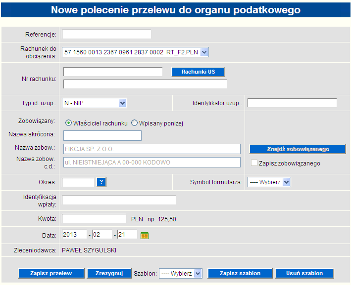 Rysunek 27 Formatka do przygotowywania nowego przelewu podatkowego Aby wykonać przelew podatku należy wypełnić wszystkie wymagane pola formatki: Pole referencje jest polem, w którym można wpisać