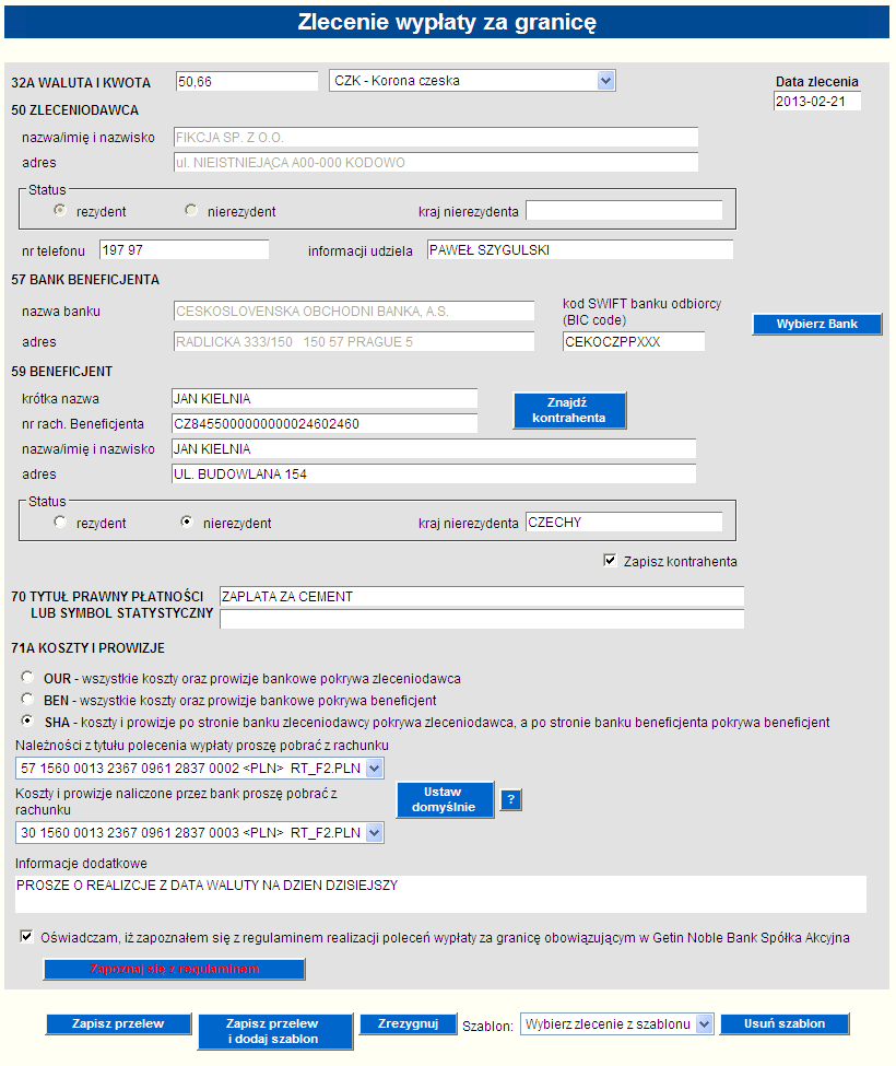 Rysunek 31 Formatka redagowania nowego zlecenia zagranicznego Aplikacja przy zapisie danych z formatki sprawdza poprawność wypełnionych pól.