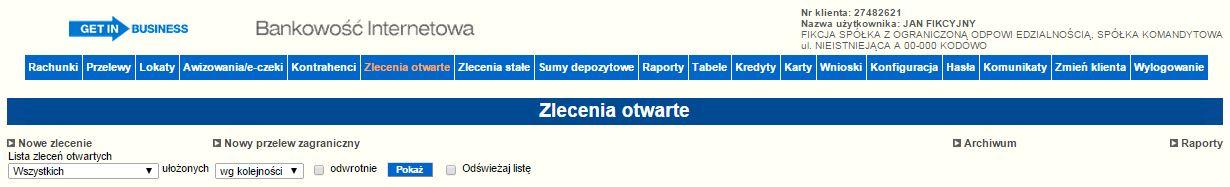 utworzenie zlecenia otwartego, utworzenie zlecenia otwartego typu przelew zagraniczny, przeglądania listy zleceń otwartych, akceptowania zleceń, przeglądania archiwum zleceń, wyświetlenia i wydruku