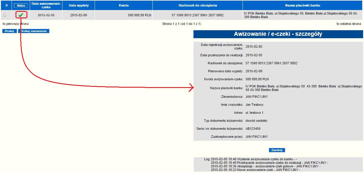 awizowanie/e-czek poprawnie dotarło do placówki bankowej.