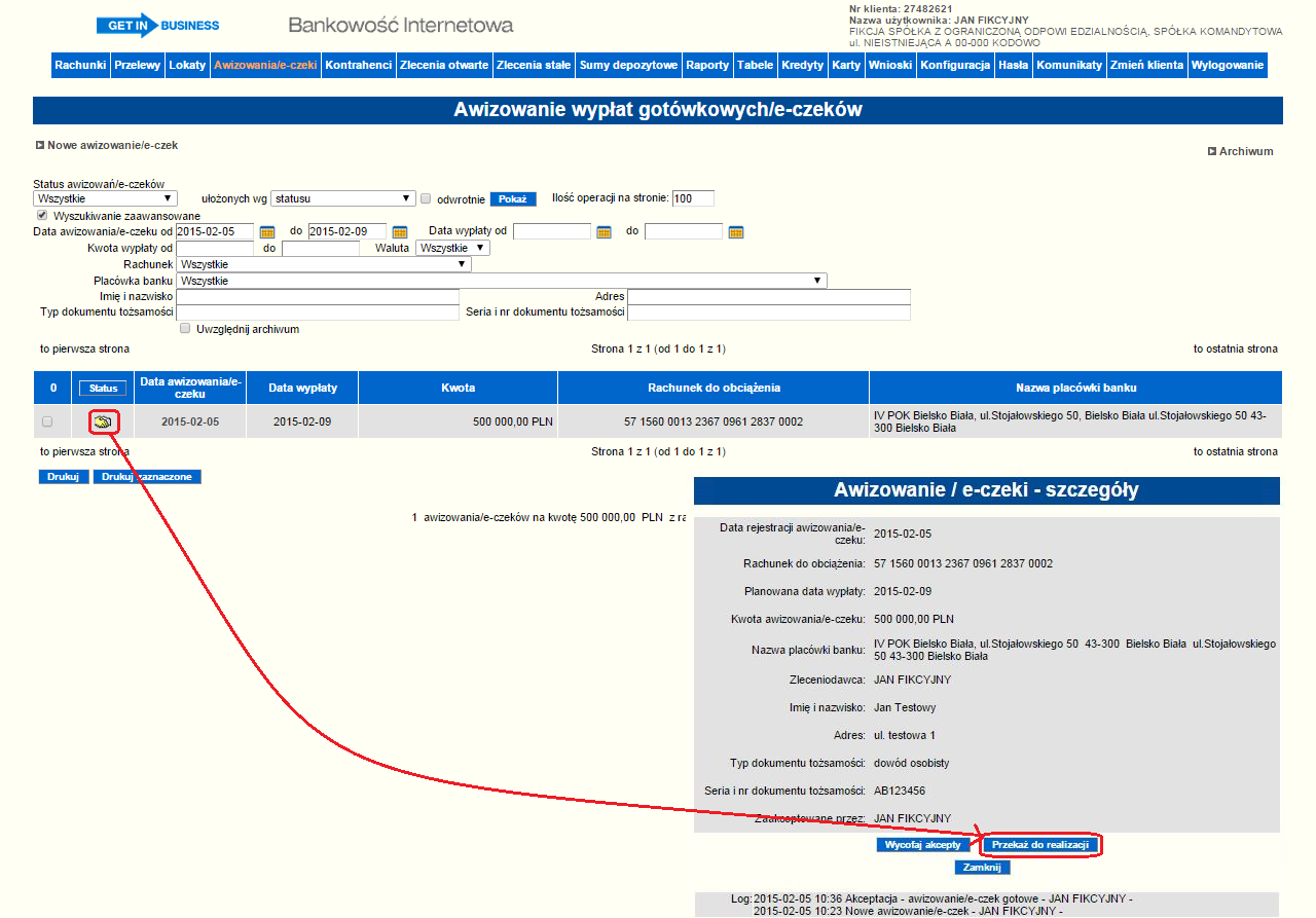 Rysunek 72 Przekazanie e-czeku do realizacji 6.9.2.4.