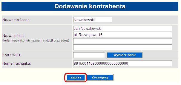 6.10. Kontrahenci W opcji tej istnieje możliwość zarządzania listą kontrahentów odbiorców przelewów oraz listą płatników składek ZUS oraz zobowiązanych wobec urzędów skarbowych.