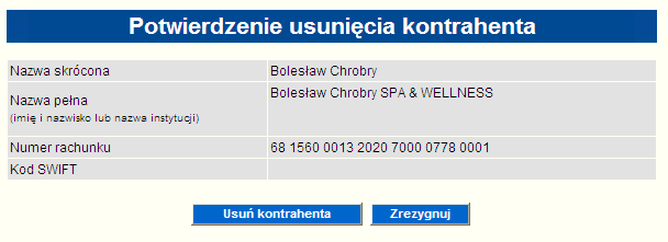 Dane kontrahenta można również modyfikować podczas tworzenia nowego zlecenia przelewu. W tym celu należy wybrać kontrahenta z listy kontrahentów i zmienić jego dane w formatce przelewu.