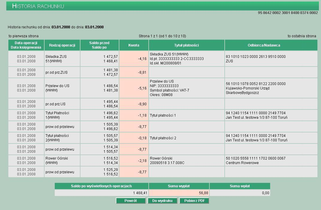 Historia rachunku obejmuje następujące informacje: Data operacji/data księgowania data operacji jest to data wprowadzenia dokumentu, data księgowania data zarejestrowania dokumentu w księgach banku.