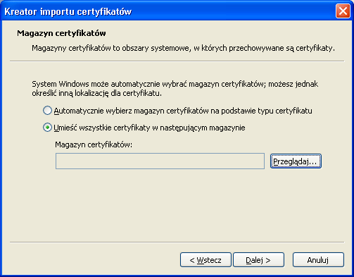 Rysunek 33: Automatyczny wybór magazynu certyfikatów z okna Kreatora importu certyfikatów Można również wybrać samodzielnie magazyn, do którego zostanie przypisany importowany certyfikat.