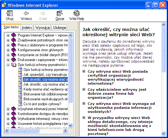 W oknie tym znajduje się również opis zabezpieczeń przy połączeniu ze stronami WWW. Tematy pogrupowane są w zagadnienia.