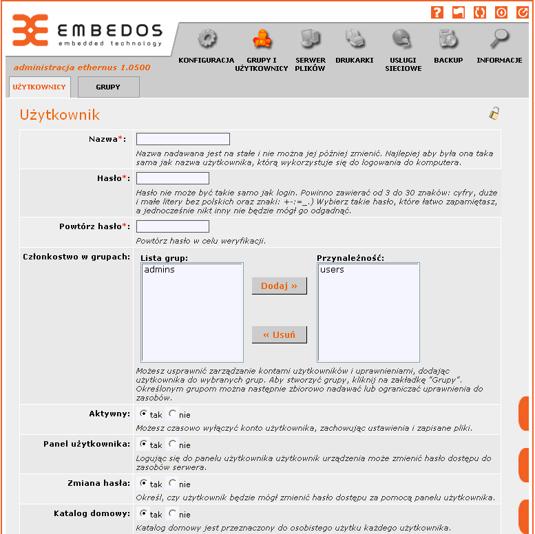Dodawanie użytkowników Aby możliwe było dodanie jakiegokolwiek użytkownika musi być założona jakakolwiek grupa. Każdy użytkownik musi być przypisany do jakiejś grupy.