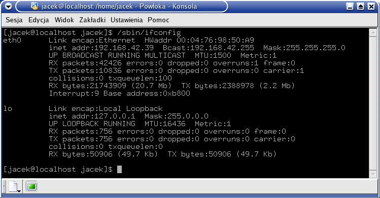 Rys. 34 Wynik polecenia ipconfig /all Jak sprawdzić, które adresy są zajęte, a które wolne? Można posłużyć się tutaj poleceniem ping. Wpisując w linii poleceń ping nr.ip.kom.