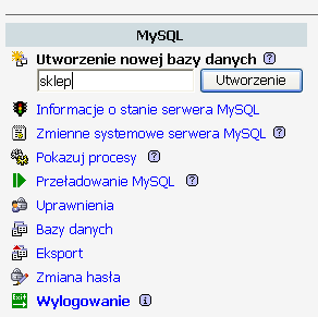 Rysunek 12. Panel administracyjny phpmyadmin 2.6.0-pl2 Podstawową czynnością jaką należy wykonać jest utworzenie nowej bazy danych SQL oraz dodanie do niej użytkownika o prawach administratora.