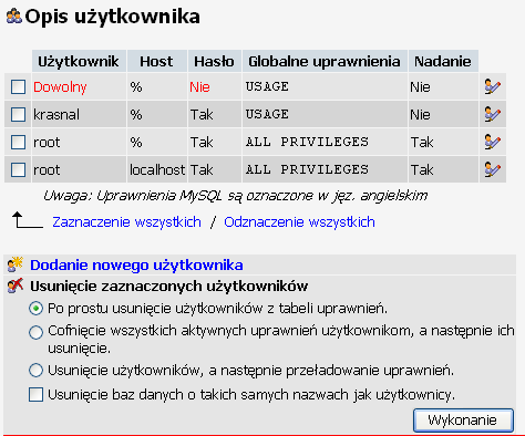 Rysunek 14. Pomyślne utworzenie nowej bazy danych Po utworzeniu bazy należy dodać użytkownika bazy danych o prawach administratora. W tym celu należy kliknąć na ikonkę oraz wybrać opcję.