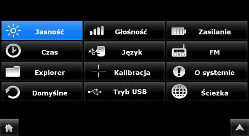 Ustawienia (1) Jasność ekranu (2) Głośność (3) Ustawienia zasilania (4) Data / czas (5) Język (6) Transmiter FM (7) Eksplorator plików (8) Kalibracja
