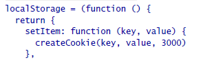 Na koniec chcemy stworzyć obiekt localstorage, który używa tych cookies jako swojego zaplecza. Przykład może być jak ten: Zwróć uwagę na linię 4. Tworzymy cookie z datą wygaśnięcia 3000 dni od teraz.