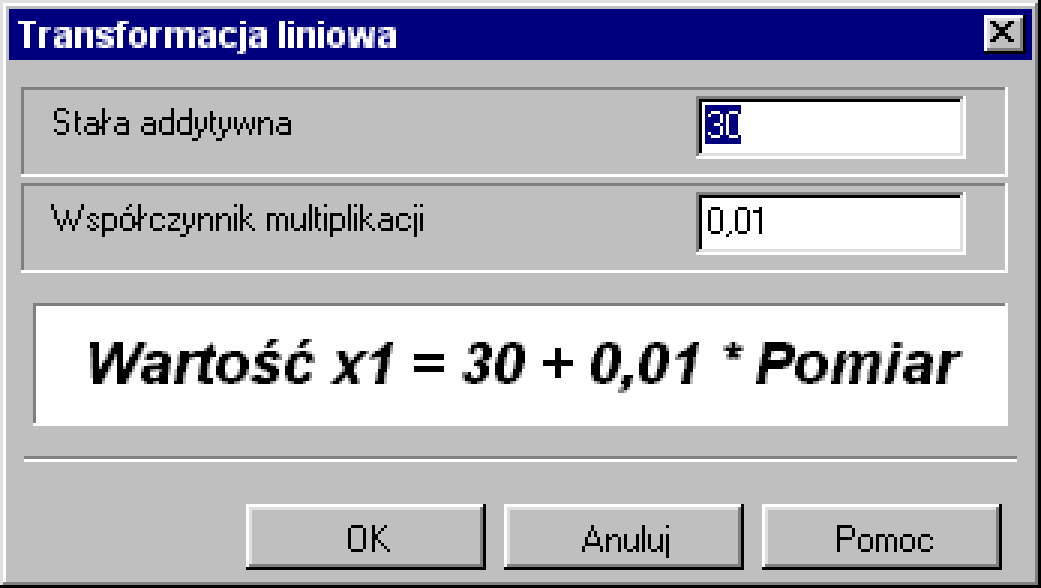 Przykład: Transformacja liniowa Uproszczenie rejestracji oznacza, że operator wprowadza tylko zmieniające się cyfry pomiaru. Resztę wyliczeń wykonuje program. Przykład: Pomiary leżą w granicach 30,00.