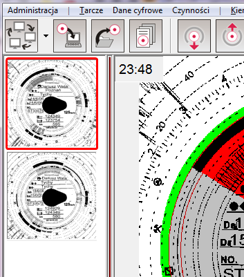 6. Praca z tarczkami Po zeskanowaniu tarczek pojawiają się one w widoku głównym w pasku po lewej stronie: Tarcza obramowana na czerwono oznacza wybraną tarczę, która poddawana jest obecnie analizie.