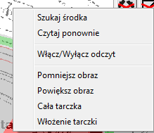 Jeżeli klikniemy prawym przyciskiem myszy na tarczce poza promieniem wykrytych aktywności, pojawi się inne menu: Możemy znaleźd tutaj opcje, które umożliwią odszukanie środka tarczki i ponownego