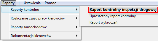 13. Moduł kontroli czasu jazdy, przerw i odpoczynków (AETR, Rozporządzenie 561) Moduł kontroli czasu jazdy, przerw i odpoczynków jest dostępny poprzez menu Raporty/Raporty kontrolne/raport kontrolny