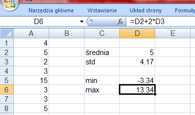 Metoda średniej i odchylenia standardowego Często do wykrywania odchyleń w danych używa się wartości średniej i odchylenia standardowego.