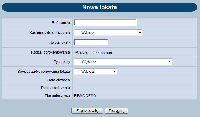 Dostępne przyciski funkcyjne: Nowa lokata służy do założenia nowej lokaty z dostępnej oferty banku (obraz 52), Tabela oprocentowania lokat funkcja dzięki której można zobaczyć aktualną ofertę