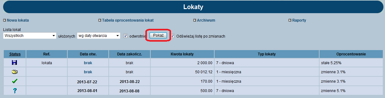 3.5.1 Przeglądanie lokat Funkcja służąca do przeglądania lokat wg zadanych kryteriów. Funkcję uruchamiamy przyciskiem Pokaż (obraz 56).