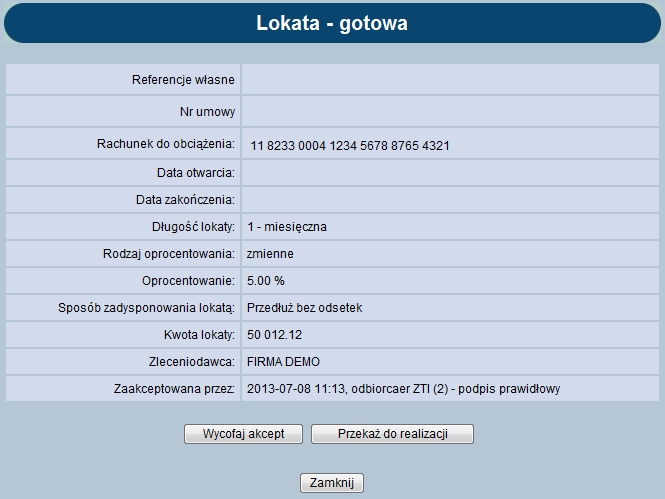 Obraz 58 3.5.2 Przekazanie lokat do realizacji W celu przekazania lokaty do realizacji należy przy podpisanej lokacie kliknąć ikonę statusu dokumentu.