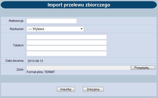 Dostępne przyciski funkcyjne: Nowy przelew zbiorczy służy do utworzenia nowego przelewu zbiorczego (obraz 66), Importuj przelew zbiorczy funkcja służąca do importowania wcześniej zapisanych na dysku