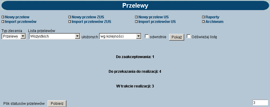 ROZDZIAŁ 5 PRZELEWY PRZELEWY Opcja Przelewy umożliwia: Wprowadzanie przelewów (zwykłych, ZUS i US) Import przelewów z plików o określonym formacie (szczegółowy opis formatów znajduje się w rozdziale