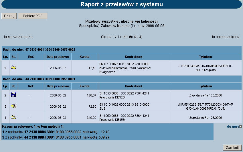 Bez szczegółów przelewów (tylko podsumowanie) zaznaczenie tego parametru ogranicza raport do syntetycznej informacji o ilości i wartości dokumentów dla każdego rachunku.