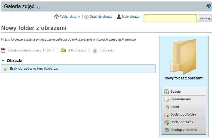 Rysunek 224 Widok portletu zarządzania galeriami zdjęć po dodaniu folderu Po wejściu w folder widzimy jego