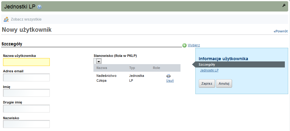 Rysunek 16 Dodawanie użytkownika w jednostce Po wyborze tej opcji zostanie zaprezentowany formularz służący do dodawania nowego użytkownika.