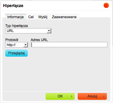 Rysunek 83 Tworzenie linku W zakładce "Informacje" Należy podać typ hiperłącza (Adres URL, Odnośnik wewnątrz strony, Adres email), wybrać rodzaj protokołu, a następnie wkleić lub wpisać adres URL