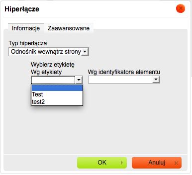 Po wybraniu typu hiperłącza jako Adres email pojawią się nam okna które można skonfigurować: adres email - podajemy adres na który ma być wysłana wiadomość, temat - pozwala na zasugerowanie tematu