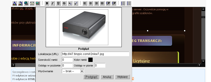 Edycja szablonu w edytorze wizualnym c.d. 3. Aby dodać zdjęcie klikamy w wybranym miejscu szablonu -> klikamy przycisk Wstaw obrazek 4.