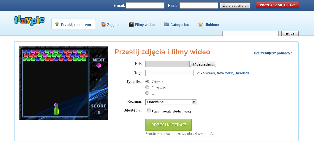 Dodawanie zdjęć przy pomocy www.tinypic.com 1. Wchodzimy do na stronę www.tinypic.com 2.