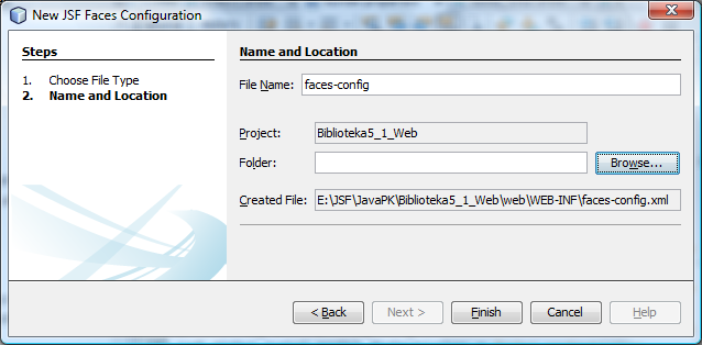 Wybór JavaServer Faces i JSF Faces Configuration Zatwierdzenie nazwy pliku