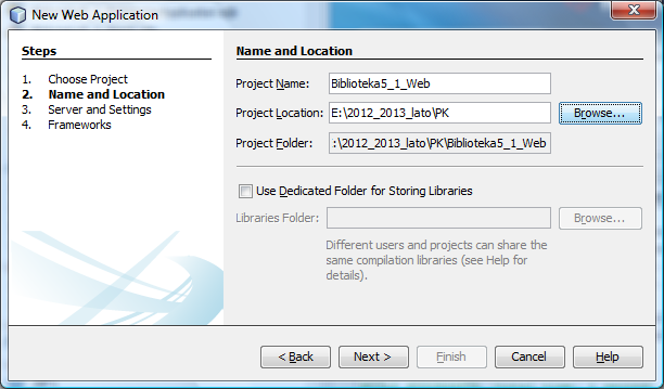 Utworzenie aplikacji internetowej File/New Project/ Java Web/Web Application i Next Wpisanie nazwy aplikacji Biblioteka5_1_Web w polu Project Name Należy