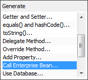 Wybór z listy pozycję Call Enterprise Bean i następnie wybór projektu