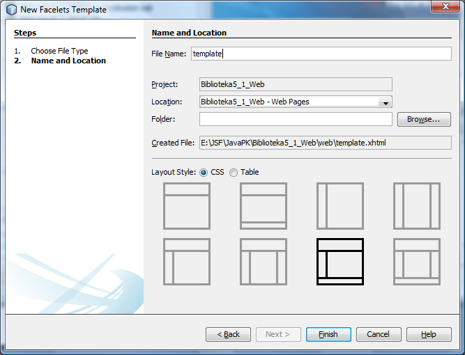 Wybór pliku JavaServer Faces/Facelets template i Next Wybór