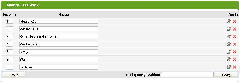 Ustawienia Allegro 2.3 Szablony aukcji Poniżej w zakładce Allegro->Ustawienia znajduje się lista dostępnych szablonów aukcji.