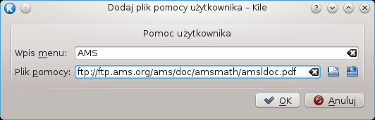 Naciśnięcie przycisku Dodaj otworzy kolejne okno dialogowe, gdzię będzie można zmienić nazwę wpisu i wskazać odpowiedni plik lub adres URL.