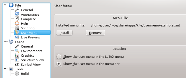 Rozdział 9 Menu tworzone przez użytkownika 9.1 Ustawienia Kile obsługuje menu tworzone przez użytkownika, które będzie się ukazywać jako menu Kile.