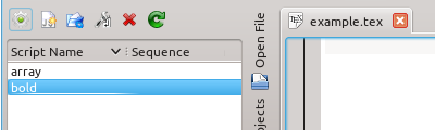 This widget contains six icons, which offer different tasks: Run the selected script. Create a new script. Open the selected script in the editor. Configure a key sequence for the selected script.